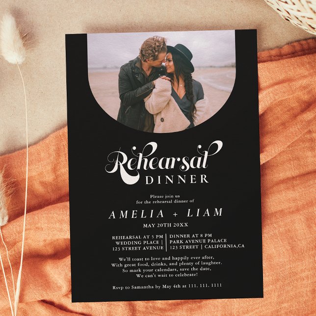 Retro script photo white black rehearsal dinner invitation (Creator Uploaded)