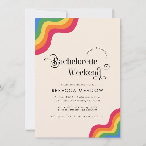 Retro Script  Rainbow Colorful Bachelorette Party Invitation