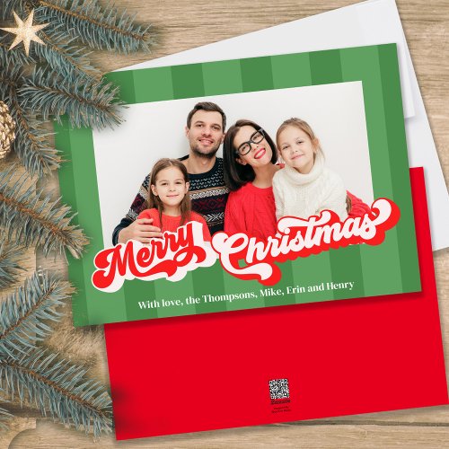 Retro Script Red and Green Multi Photo Holiday Card