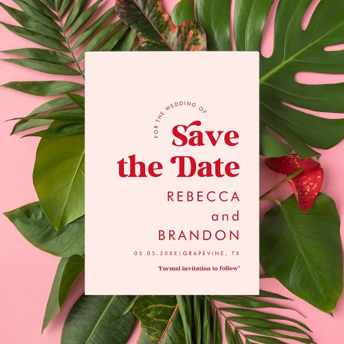 Retro Script Red  Pink Typography Simple Wedding Save The Date