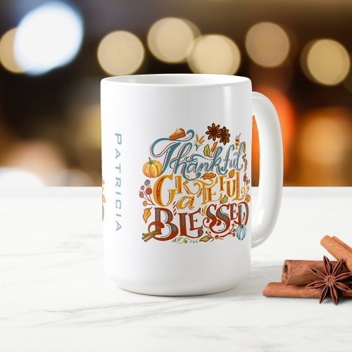 Retro Script Thankful Grateful Blessed Monogram  Coffee Mug