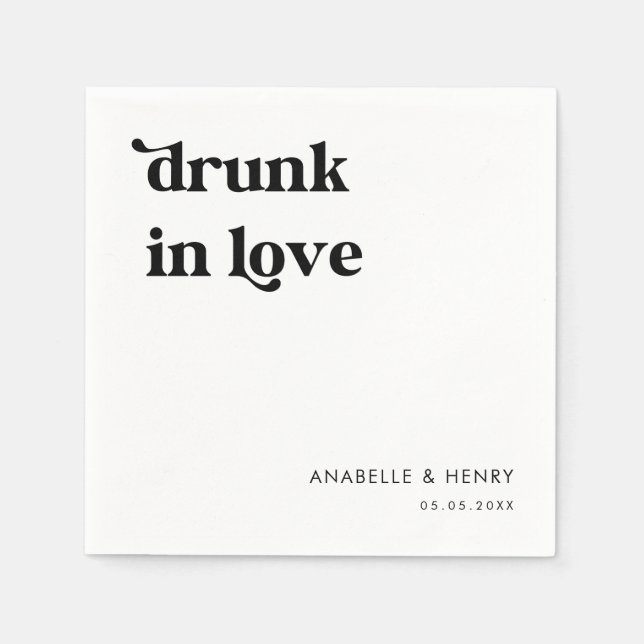 Retro Script Typography Drunk In Love Name Wedding Napkins (Front)