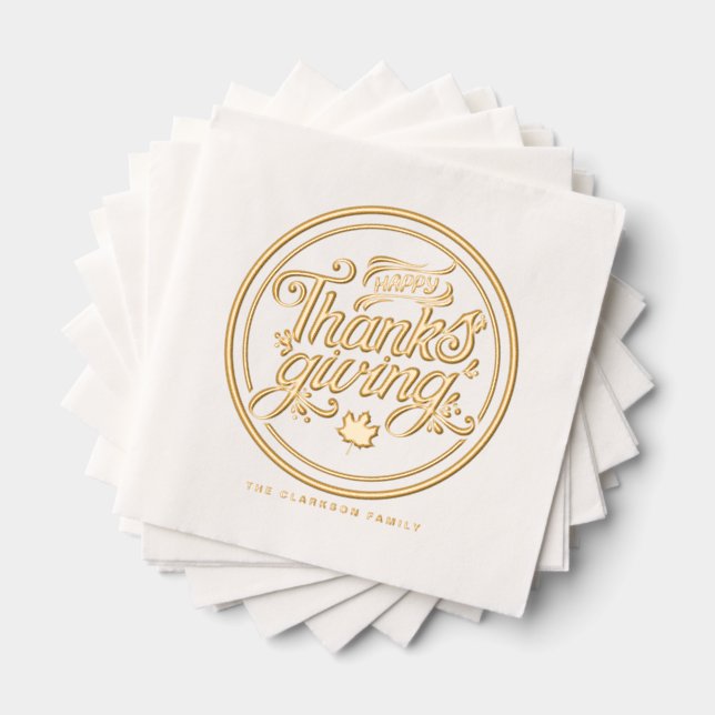 Retro Script Typography Label Happy Thanksgiving Foil Napkins (Insitu (Stacked))