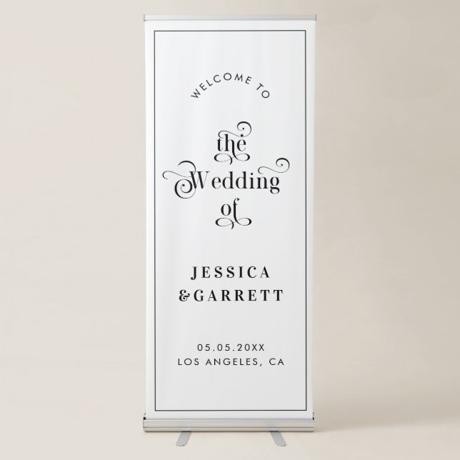 Retro Script Typography Wedding Welcome White Retractable Banner (Front)