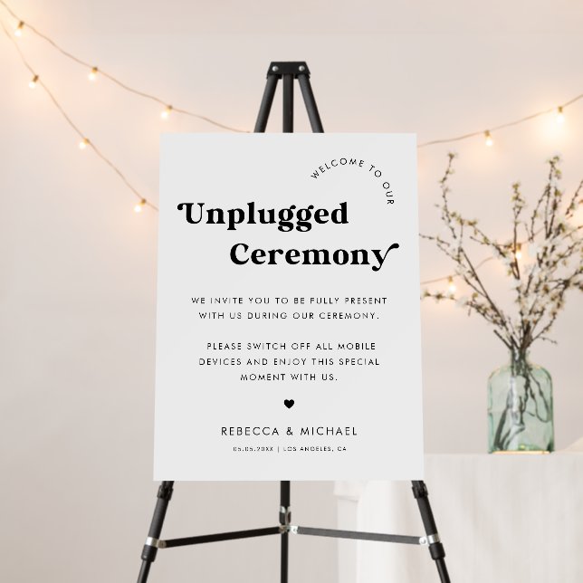Retro Script Unplugged Ceremony Heart Wedding Sign (In Situ (Stand))