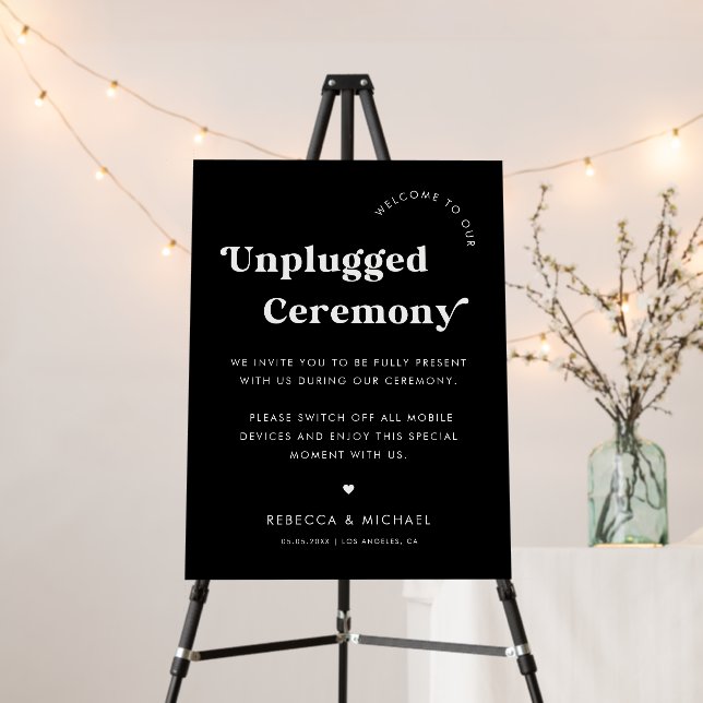 Retro Script Unplugged Ceremony Heart Wedding Sign (In Situ (Stand))