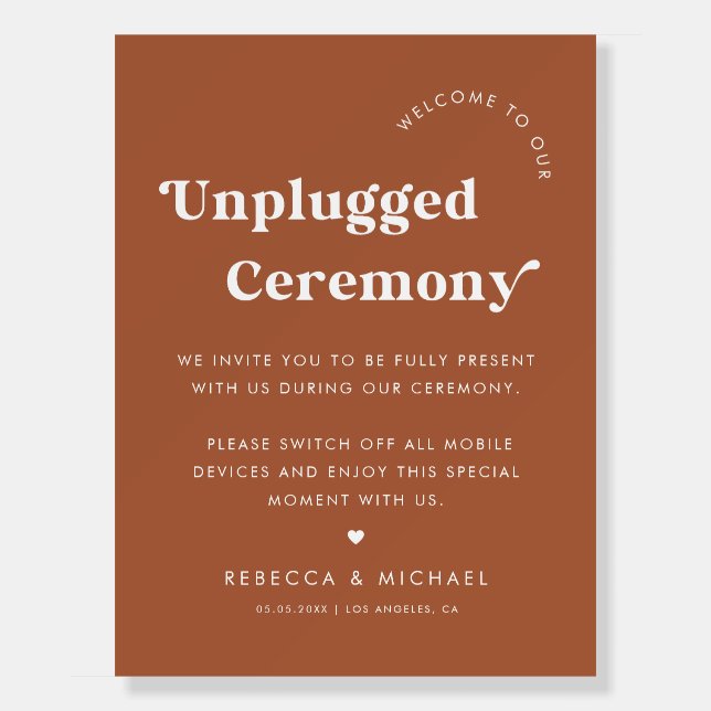 Retro Script Unplugged Ceremony Heart Wedding Sign (Front)