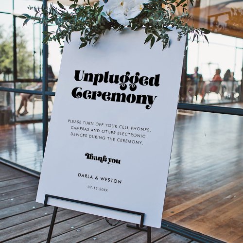 Retro script Unplugged ceremony wedding sign