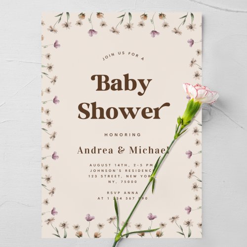 Retro Script  Watercolor Wildflower Baby Shower   Invitation