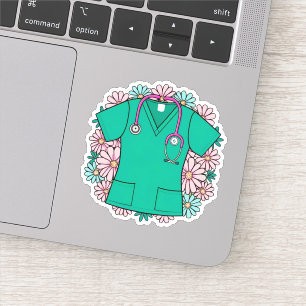 Retro Scrub Tope with Flowers  Sticker