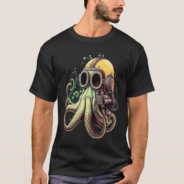 Retro Scuba Diver Weird Octopus Design Octopus Hel T-Shirt (Front)