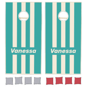 Retro Sea Breeze Three Pin Striped with Name Cornhole Set