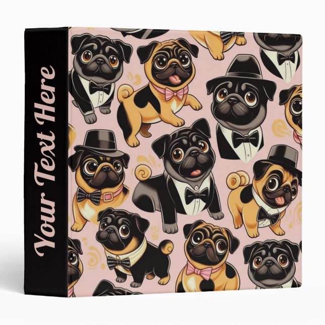 Retro Seamless Cute Pug 3 Ring Binder (Front/Spine)