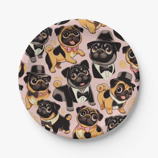 Retro Seamless Cute Pug Paper Plates (Front)