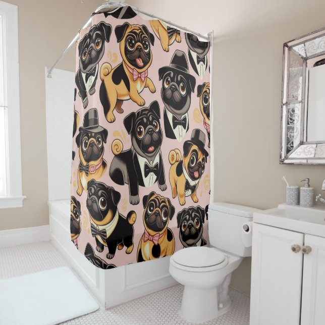 Retro Seamless Cute Pug Shower Curtain (In Situ)