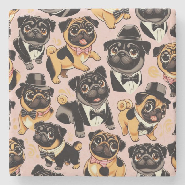 Retro Seamless Cute Pug Stone Coaster (Front)