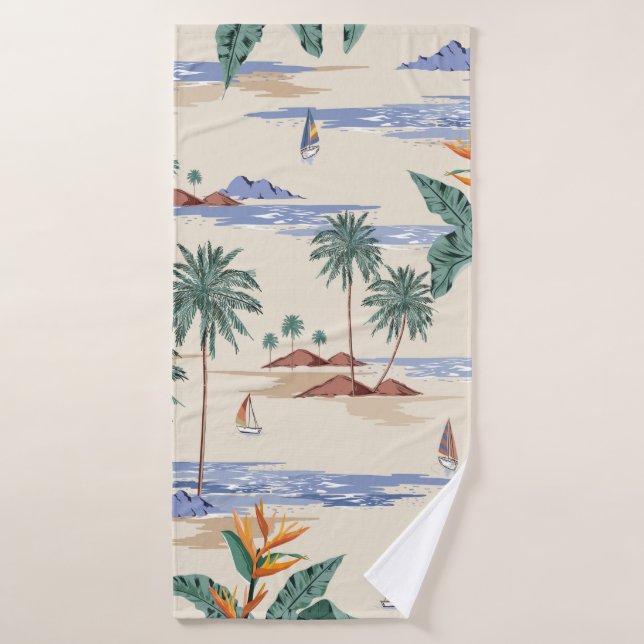 Retro seamless tropical island pattern on light be bath towel (Bath Towel)