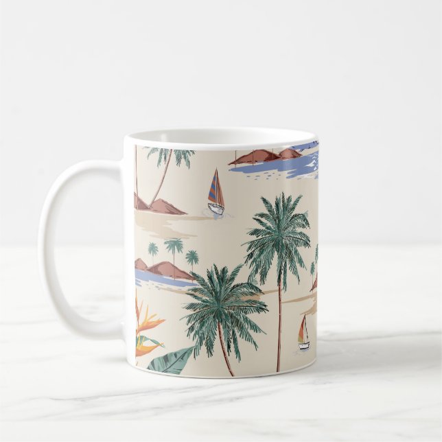 Retro seamless tropical island pattern on light be coffee mug (Left)