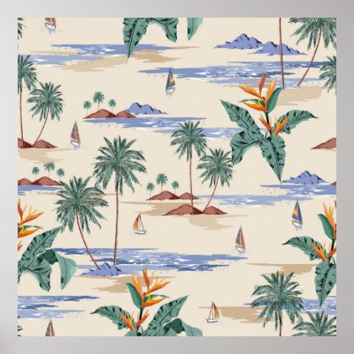 Retro seamless tropical island pattern on light be poster