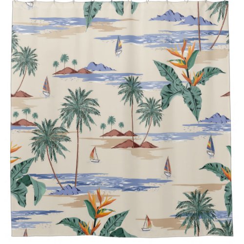 Retro seamless tropical island pattern on light be shower curtain