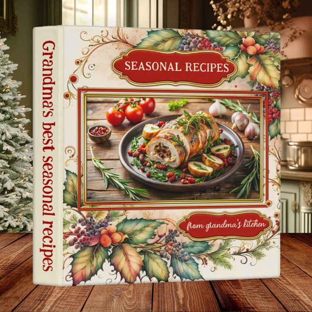 Retro Seasonal Christmas Photo Recipe Binder (Recipe binder featuring a retro watercolor painting of seasonal leaves and berries with your photo)