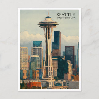 Retro Seattle Skyline Watercolor Postcard Art