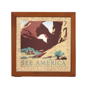 Retro See America Western Cowboys Desert Arch WPA Desk Organizer