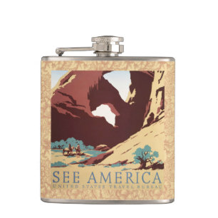 Retro See America Western Cowboys Desert Arch WPA Hip Flask