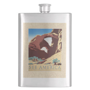 Retro See America Western Cowboys Desert Arch WPA Hip Flask