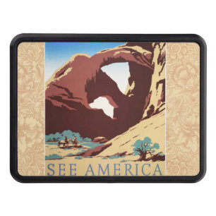 Retro See America Western Cowboys Desert Arch WPA  Hitch Cover