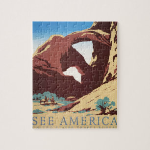 Retro See America Western Cowboys Desert Arch WPA Jigsaw Puzzle
