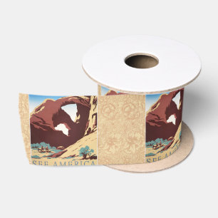 Retro See America Western Cowboys Desert Arch WPA  Satin Ribbon