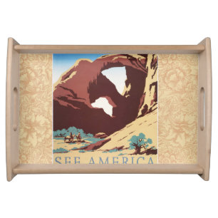 Retro See America Western Cowboys Desert Arch WPA Serving Tray