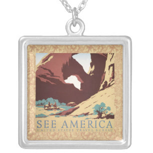 Retro See America Western Cowboys Desert Arch WPA  Silver Plated Necklace
