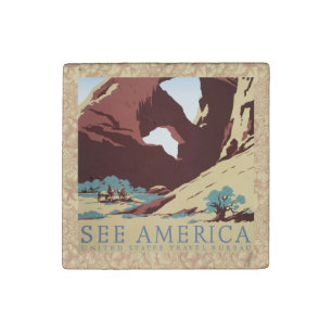 Retro See America Western Cowboys Desert Arch WPA Stone Magnet