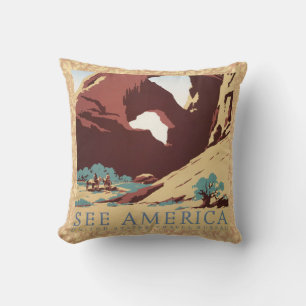 Retro See America Western Cowboys Desert Arch WPA  Throw Pillow