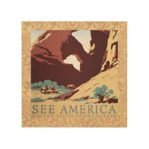 Retro See America Western Cowboys Desert Arch WPA Wood Wall Decor