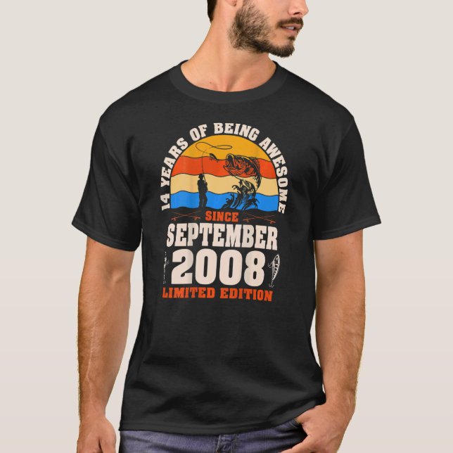Retro September 2008 14 Year Old Fishing  14th Bir T-Shirt (Front)