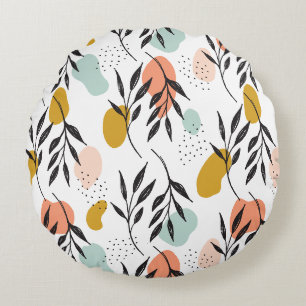 Retro Seventies Abstract Shapes Floral Pattern Round Pillow