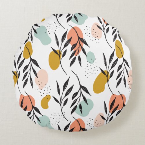 Retro Seventies Abstract Shapes Floral Pattern Round Pillow