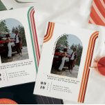 Retro Seventies | Arch Photo Save the Date<br><div class="desc">This retro photo save the date card features your photo in an arch frame, retro stripes, and "save the date" in a beautiful free-spirited script that can be changed to any color. Background color can be personalized as well. These professionally designed cards are quickly customizable. What's old is new again—at...</div>