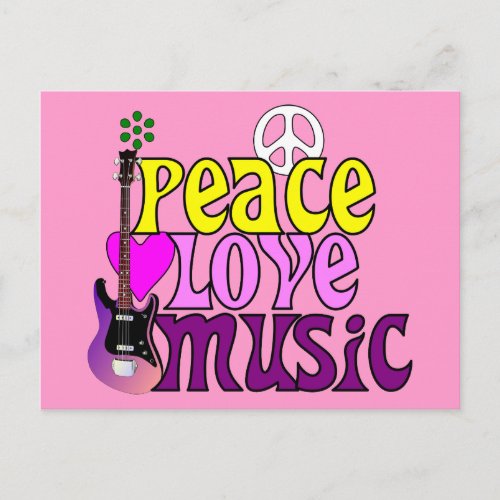 Retro seventies peace love music postcard