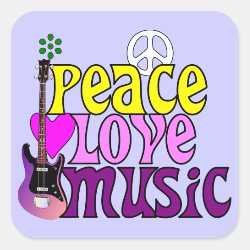 Retro seventies peace love music square sticker