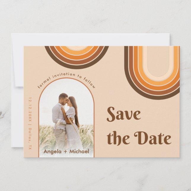 Retro Seventies Rainbow Boho Arch Photo Beige 70s Save The Date (Front)