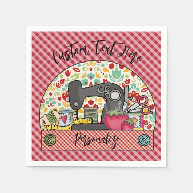 Retro Sewing Machine Gingham Seamstress Tailor Napkins (Front)