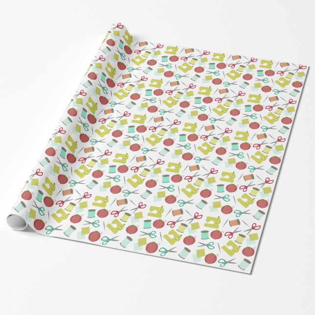 Retro Sewing Theme Pattern Wrapping Paper (Unrolled)