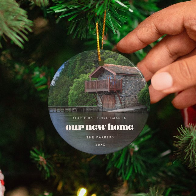 Retro sFirst Christmas in our new home Photo Ceramic Ornament (Creator Uploaded)