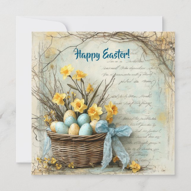Retro shabby chic Easter eggs in basket daffodils Holiday Card (Front)