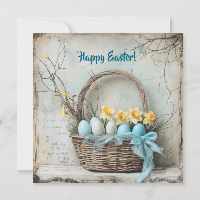 Retro shabby chic Easter eggs in basket daffodils Holiday Card (Front)