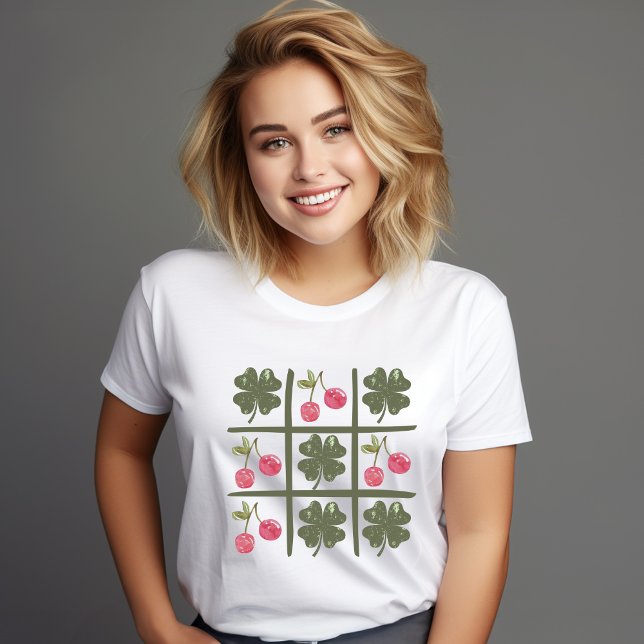 Retro Shamrock and Cherry St Patricks Day Tri-Blend Shirt (Retro checkered shamrocks and vintage cherries St Patrick's Day t-shirt)
